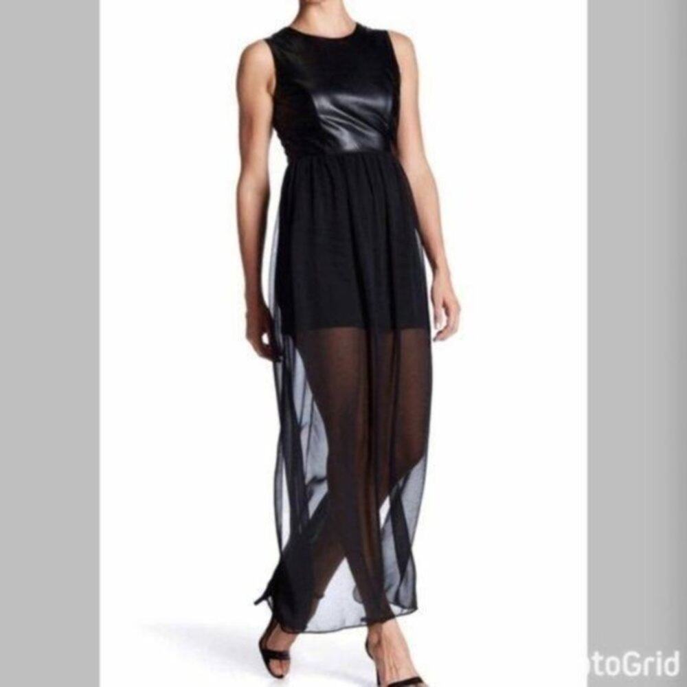 Soprano Faux Leather and Chiffon Maxi Dress XS